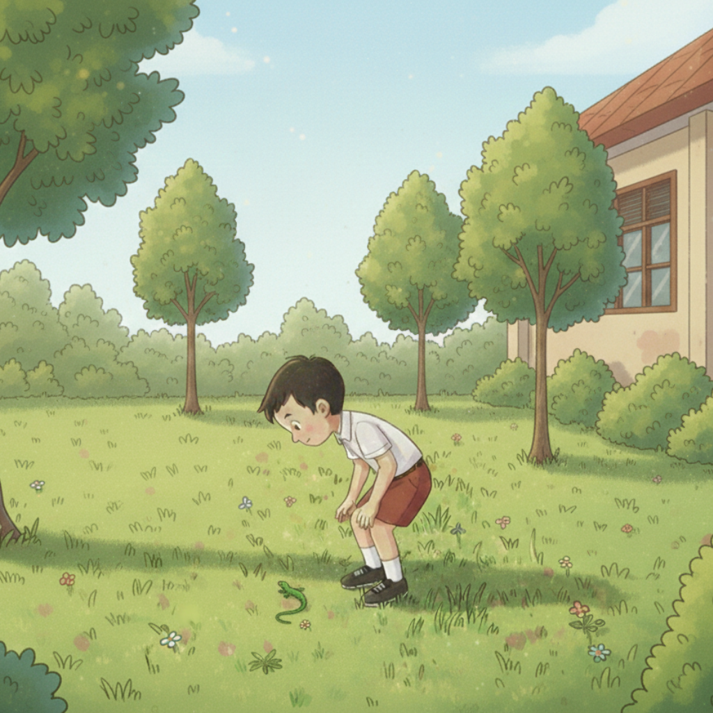 Nata berjalan sendiri ke pojok sekolah. Ia sedang tidak mau bermain.